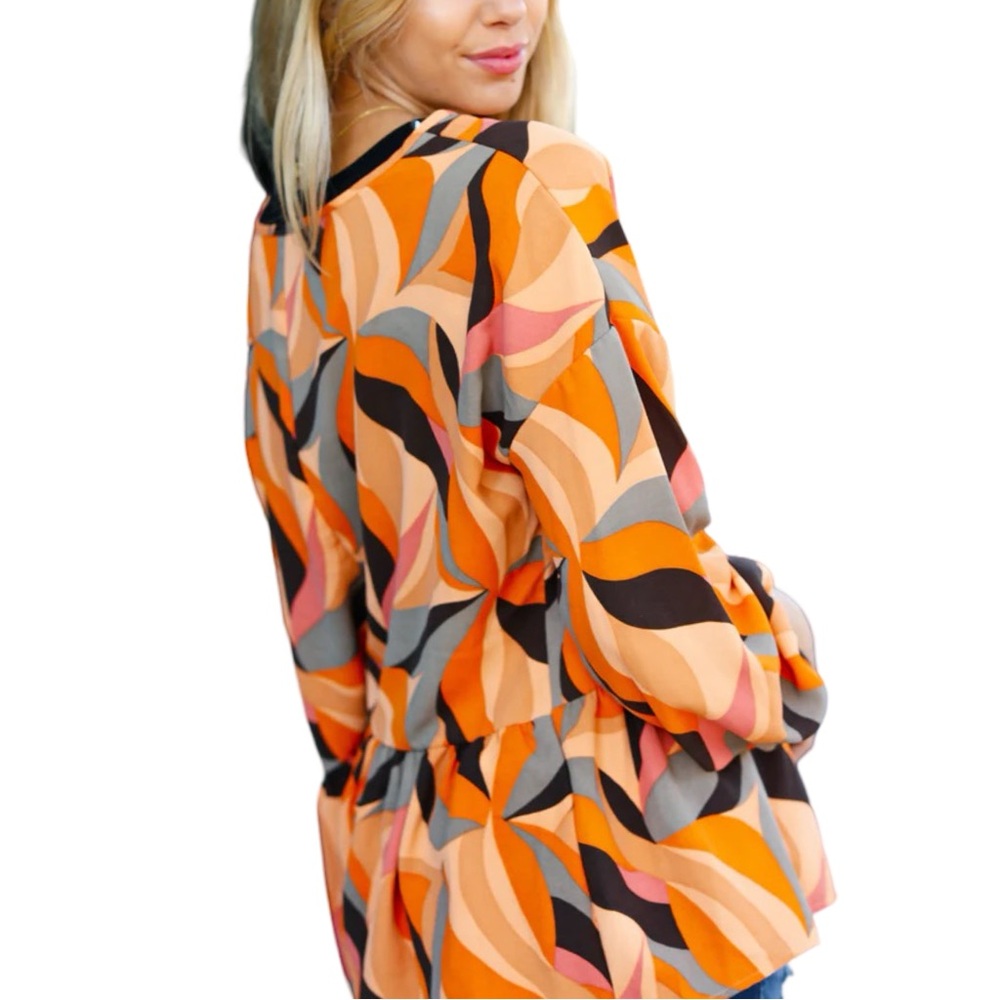 NEW HAPTICS RUST ABSTRACT PRINT V NECK PEPLUM TOP - Picture 3 of 10